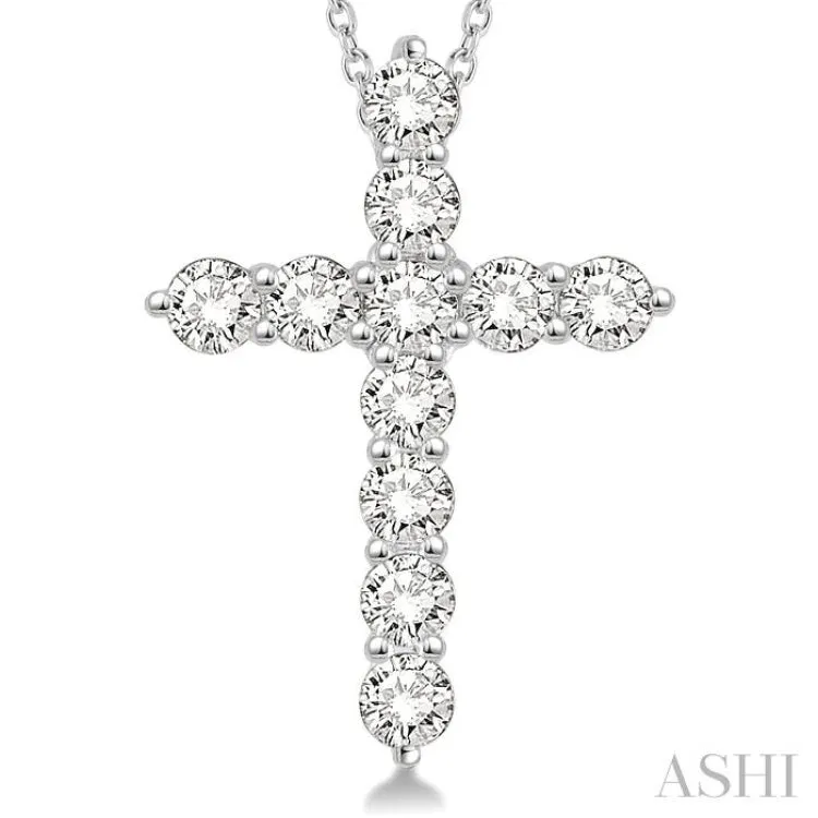1 1/2 ctw Round Cut Diamond Cross Pendant in 14K White Gold with Chain