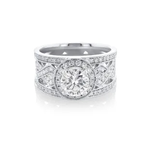1.03 CT Round Diamond with 0.86 Cttw Halo Twist 18K White Gold Wide Band Engagement Ring