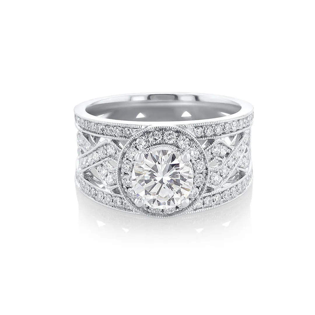 1.03 CT Round Diamond with 0.86 Cttw Halo Twist 18K White Gold Wide Band Engagement Ring