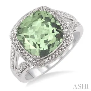 10x10 MM Cushion Shape Green Amethyst and 1/20 ctw Single Cut Diamond Ring in Sterling Silver
