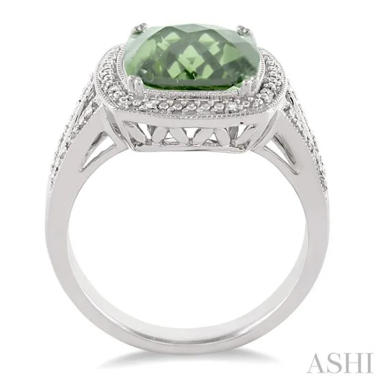 10x10 MM Cushion Shape Green Amethyst and 1/20 ctw Single Cut Diamond Ring in Sterling Silver