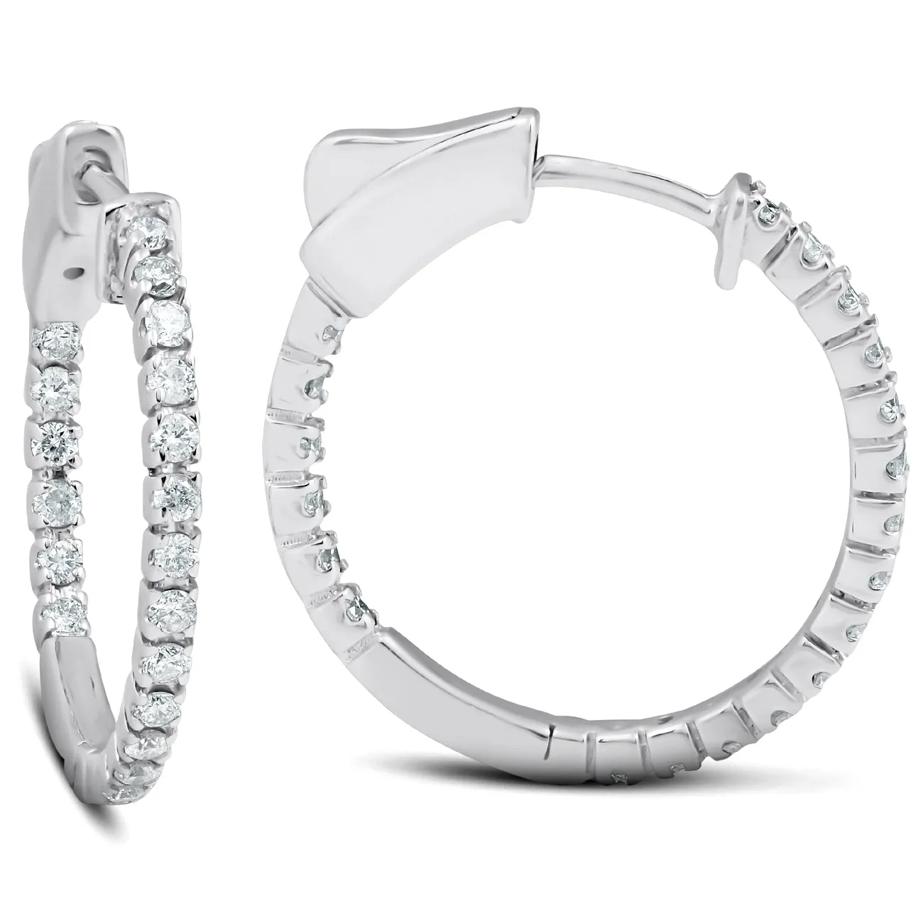 1/2 Ct Diamond Inside Outside Hoops 14k White Gold Vault Lock 1" Tall