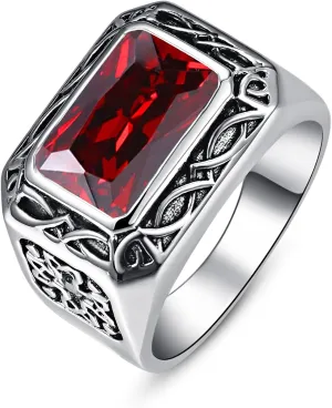 12x8mm Simulated Mens Emerald|Ruby Sapphire|Onyx Ring Stainless Steel Vintage Celtic Design Mens Ring Signet Style Rings for Men Wedding Gift for Husband, Father, Grandpa Size 8-12