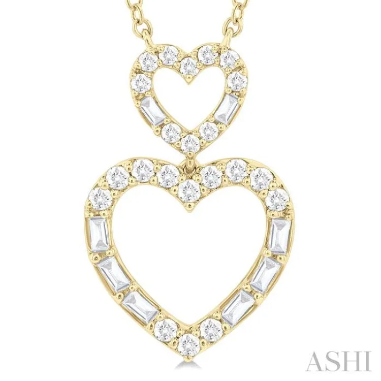 1/3 ctw Twin Heart Fusion Baguette and Round Cut Diamond Pendant With Chain in 10K Yellow Gold