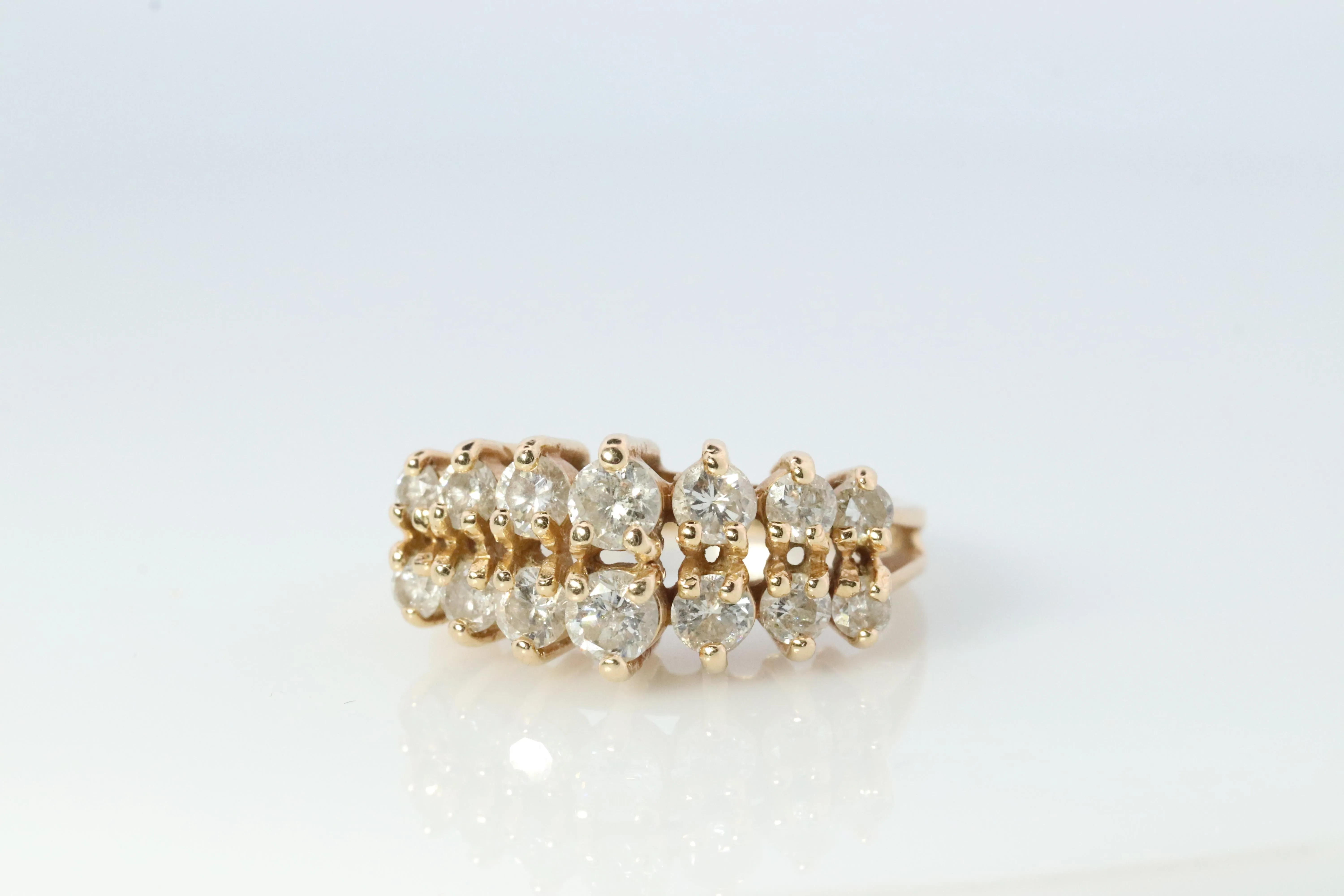 14k Diamond Cluster ring Graduated 1ctw diamonds in 2 rows prong set band