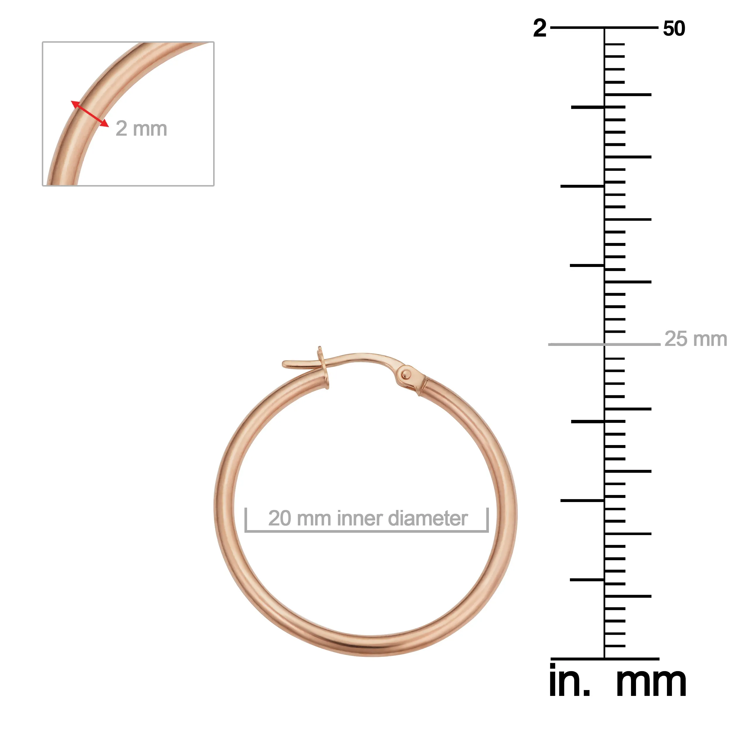 14k Rose Gold 2x20mm Polished Hoop Earrings