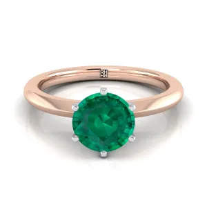 14K Rose Gold Round Brilliant Emerald Pinched Comfort Fit Claw Prong Solitaire Engagement Ring