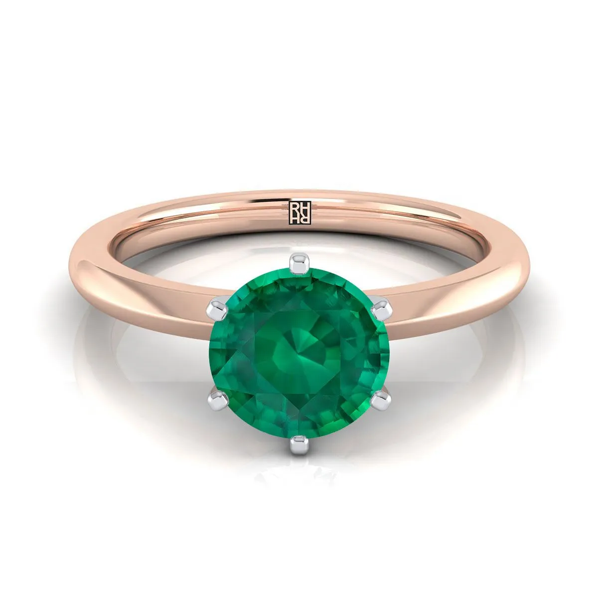 14K Rose Gold Round Brilliant Emerald Pinched Comfort Fit Claw Prong Solitaire Engagement Ring