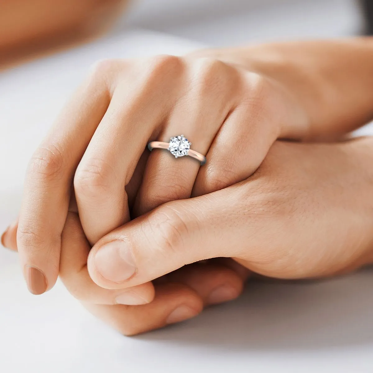 14K Rose Gold Round Brilliant Emerald Pinched Comfort Fit Claw Prong Solitaire Engagement Ring