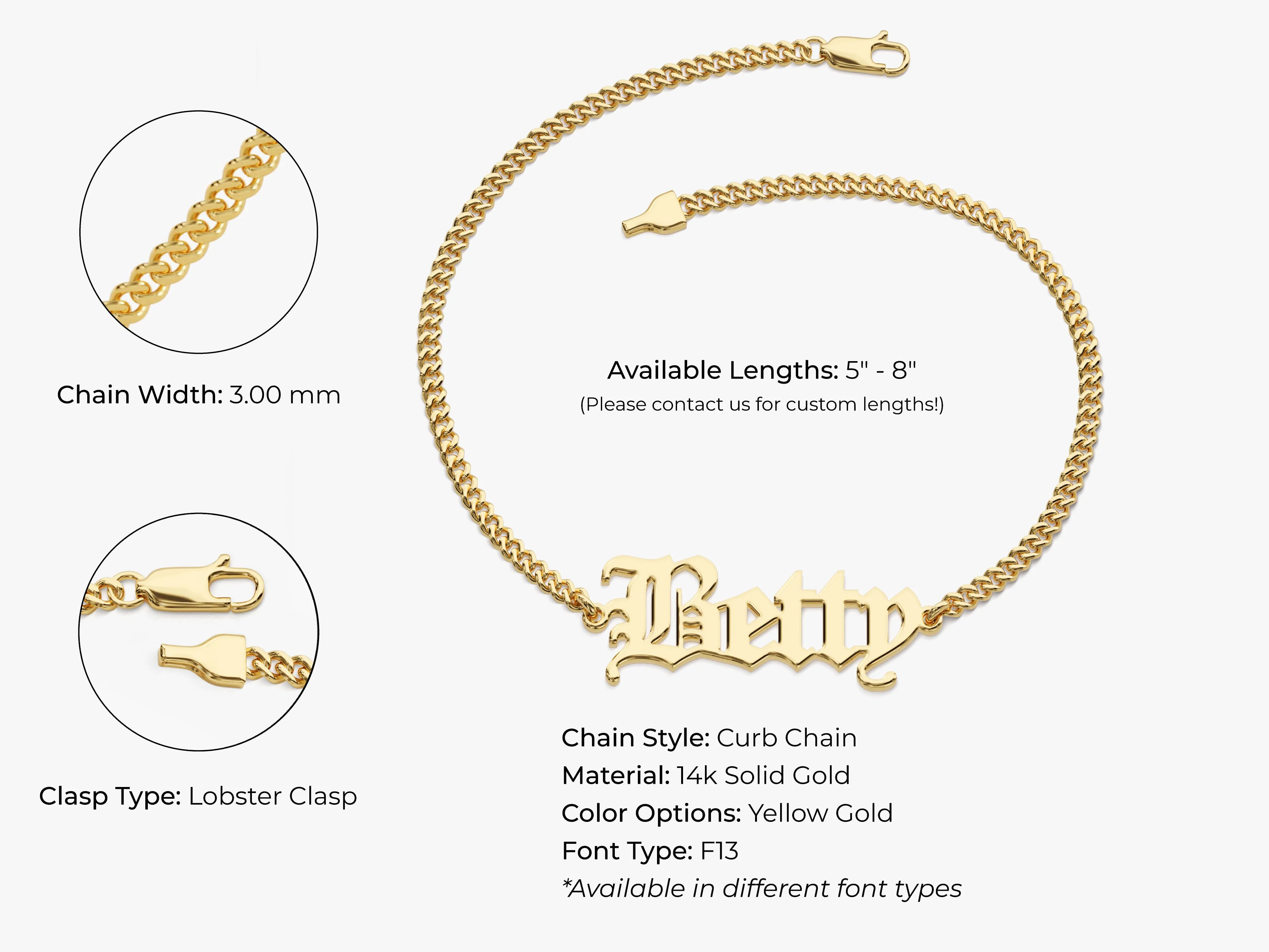 14k Solid Gold Cuban Chain Old English Font Name Bracelet