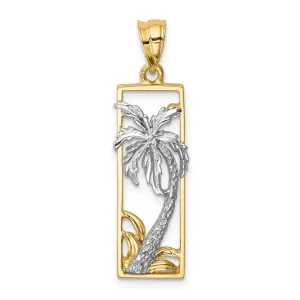 14K Two Tone Gold Solid Polished Finish Palm Tree in Frame Design Charm Pendant