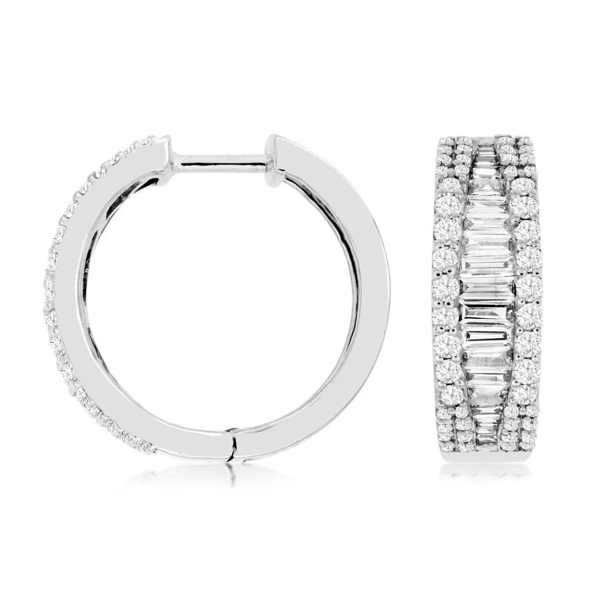14k White Gold Baguette & Round Diamond Hoop Earrings( 1.28ct)