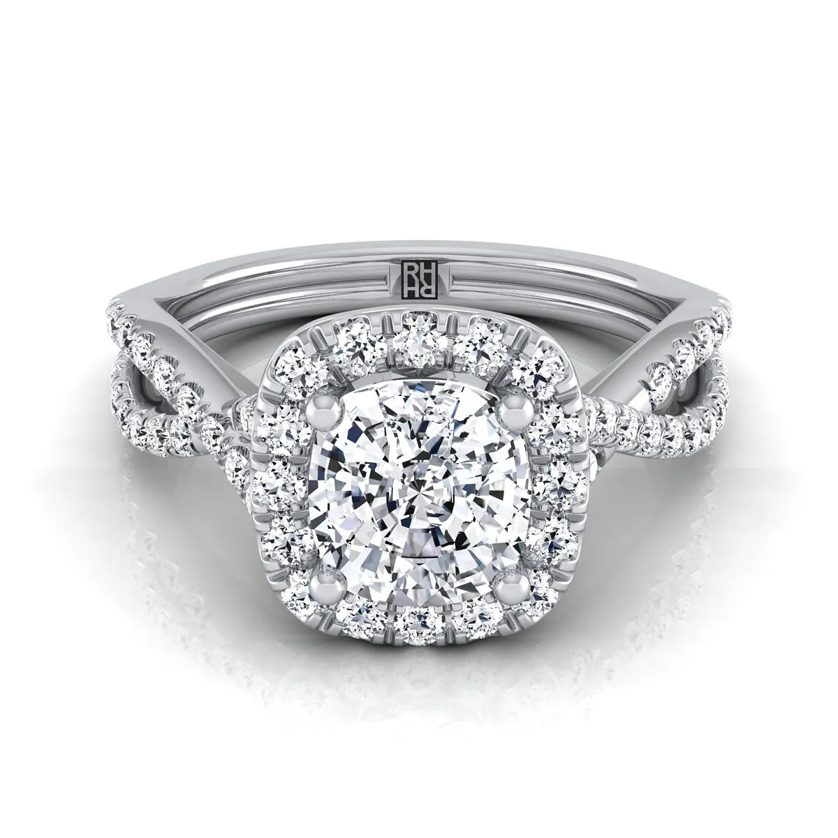 14K White Gold Cushion Diamond  Twisted Scalloped Pavé Halo Center Engagement Ring -1/2ctw