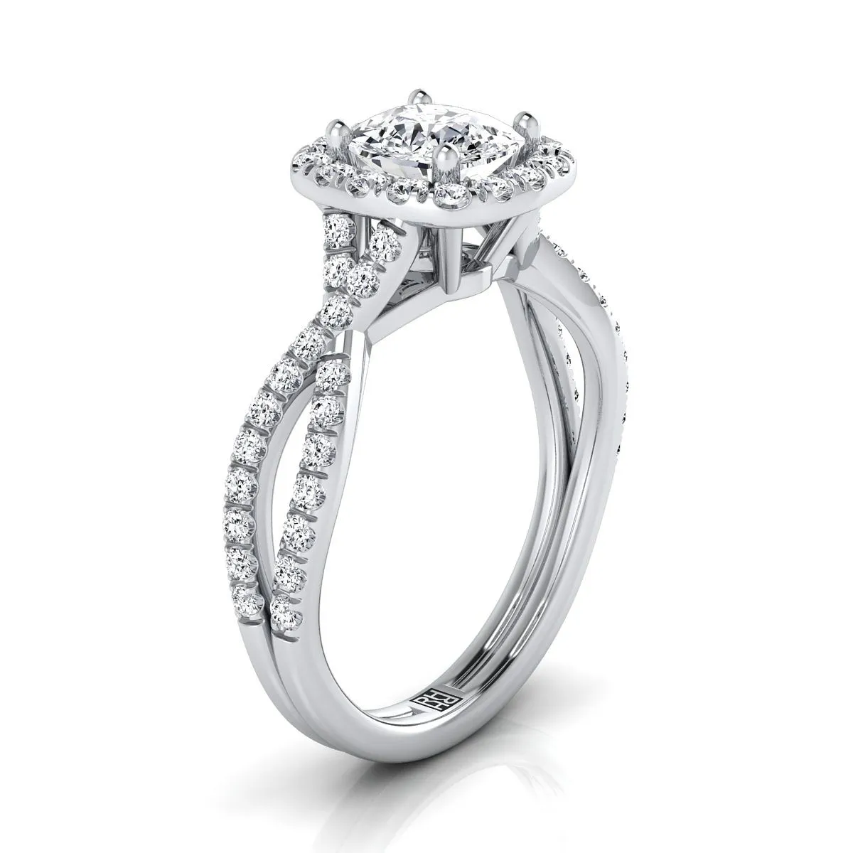 14K White Gold Cushion Diamond  Twisted Scalloped Pavé Halo Center Engagement Ring -1/2ctw
