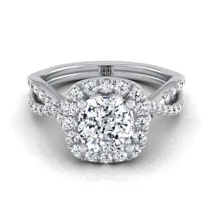 14K White Gold Cushion Diamond  Twisted Scalloped Pavé Halo Center Engagement Ring -1/2ctw