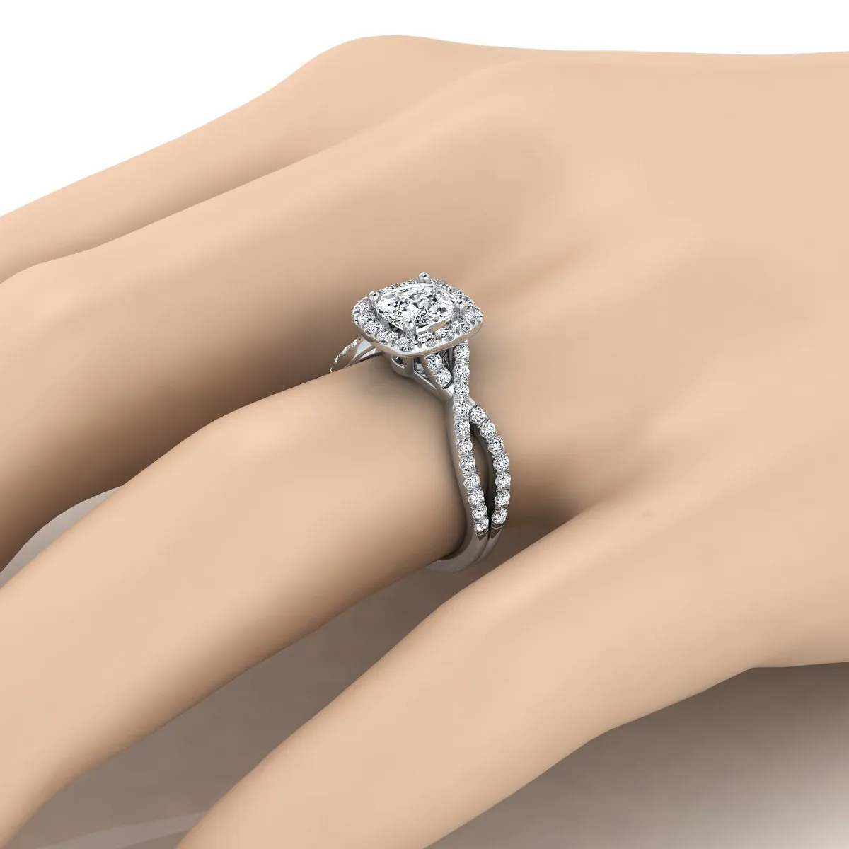 14K White Gold Cushion Diamond  Twisted Scalloped Pavé Halo Center Engagement Ring -1/2ctw