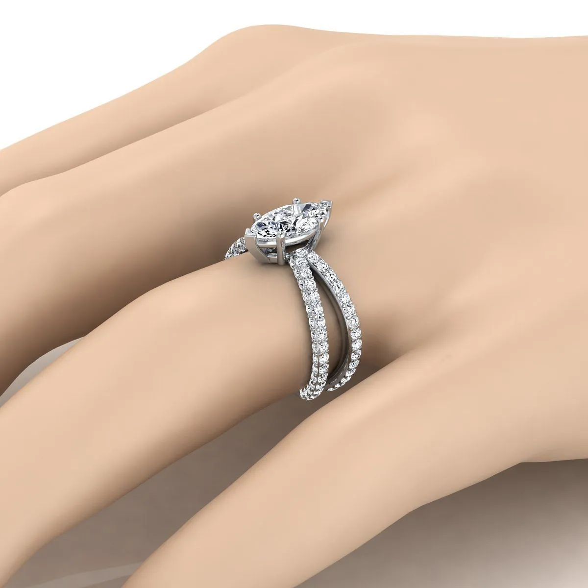 14K White Gold Marquise  Open Diamond Pave Criss Cross Engagement Ring -1-1/3ctw