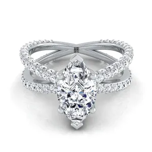 14K White Gold Marquise  Open Diamond Pave Criss Cross Engagement Ring -1-1/3ctw