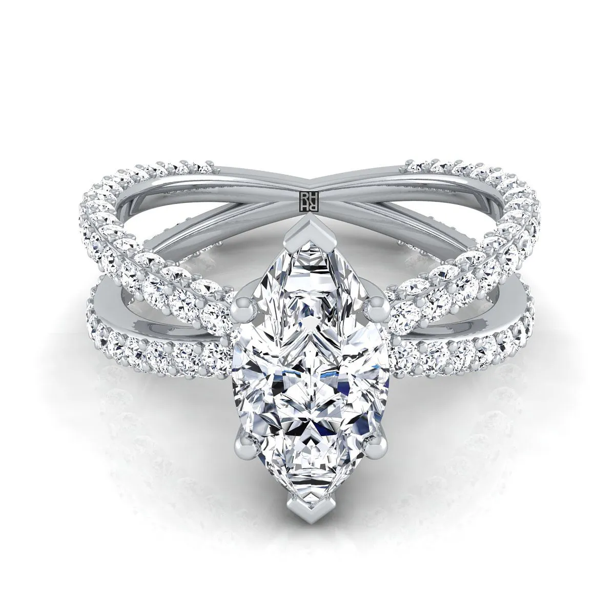 14K White Gold Marquise  Open Diamond Pave Criss Cross Engagement Ring -1-1/3ctw