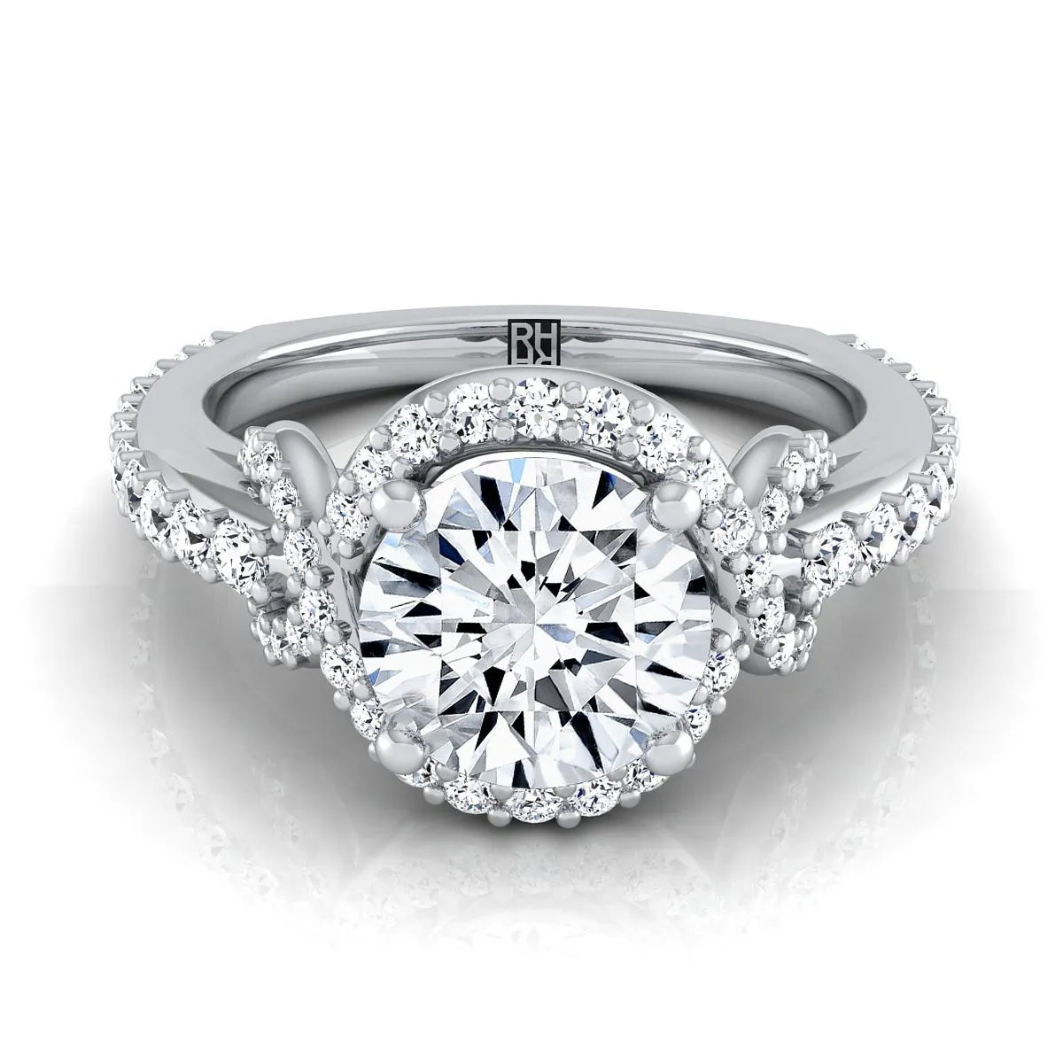 14K White Gold Round Brilliant Diamond French Pave Graceful Love Knot Engagement Ring -5/8ctw
