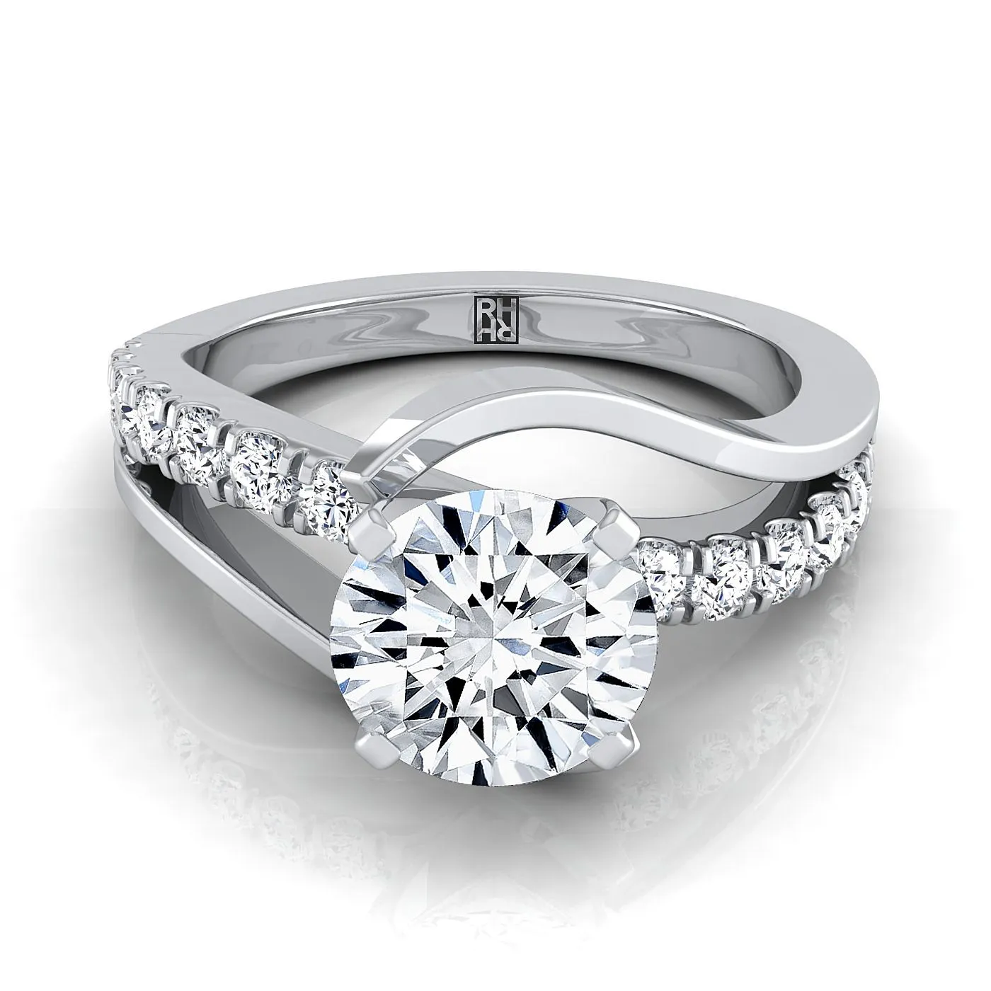 14K White Gold Round Brilliant Unique Bypass Diamond Pave Swirl Engagement Ring -3/8ctw