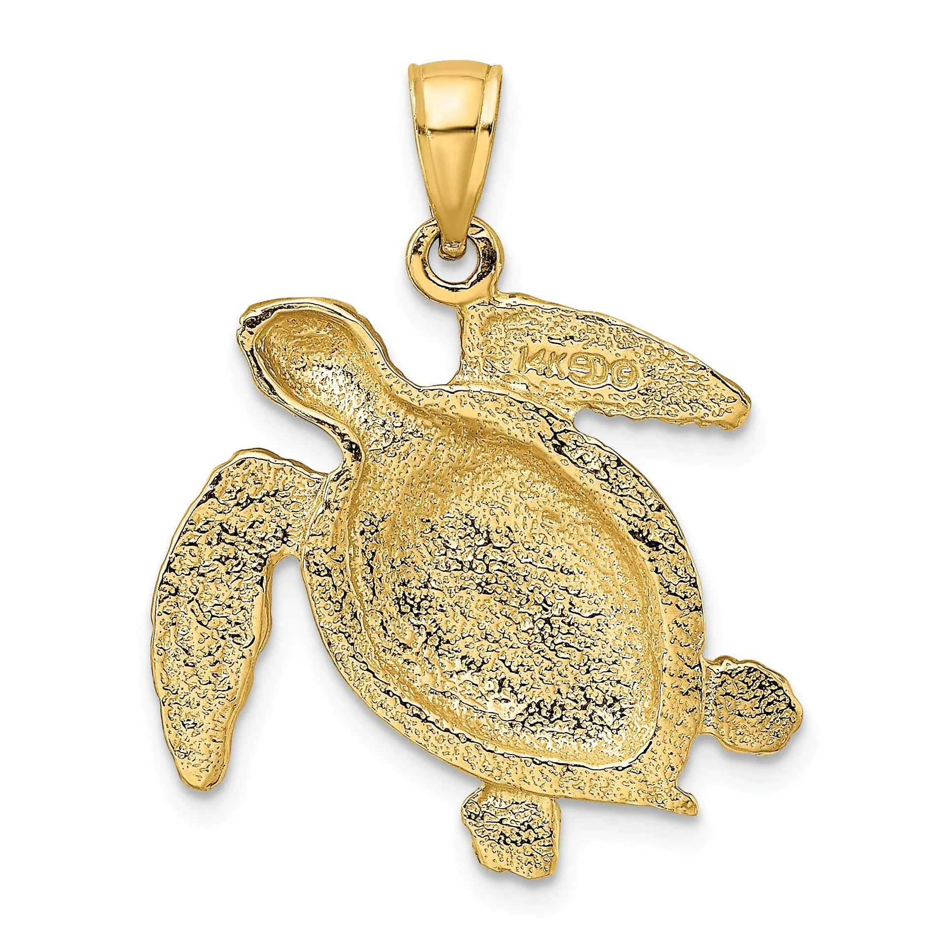 14k Yellow Gold Casted Solid Textured and Polished Finish  Swimming Sea Turtle Charm Pendant