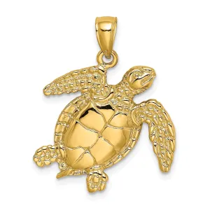 14k Yellow Gold Casted Solid Textured and Polished Finish  Swimming Sea Turtle Charm Pendant