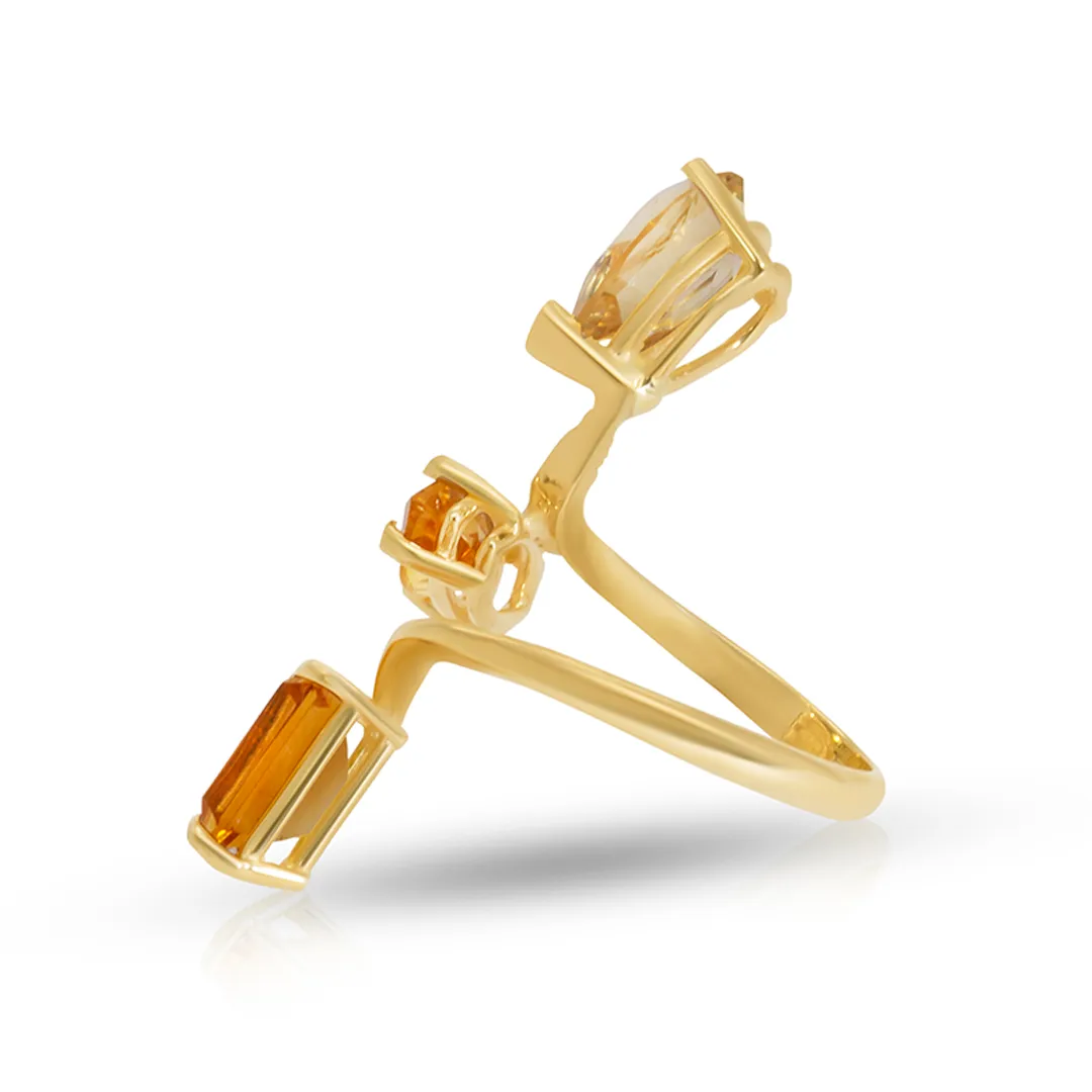 14K Yellow Gold Citrine Twisted Triple Gemstones Ring
