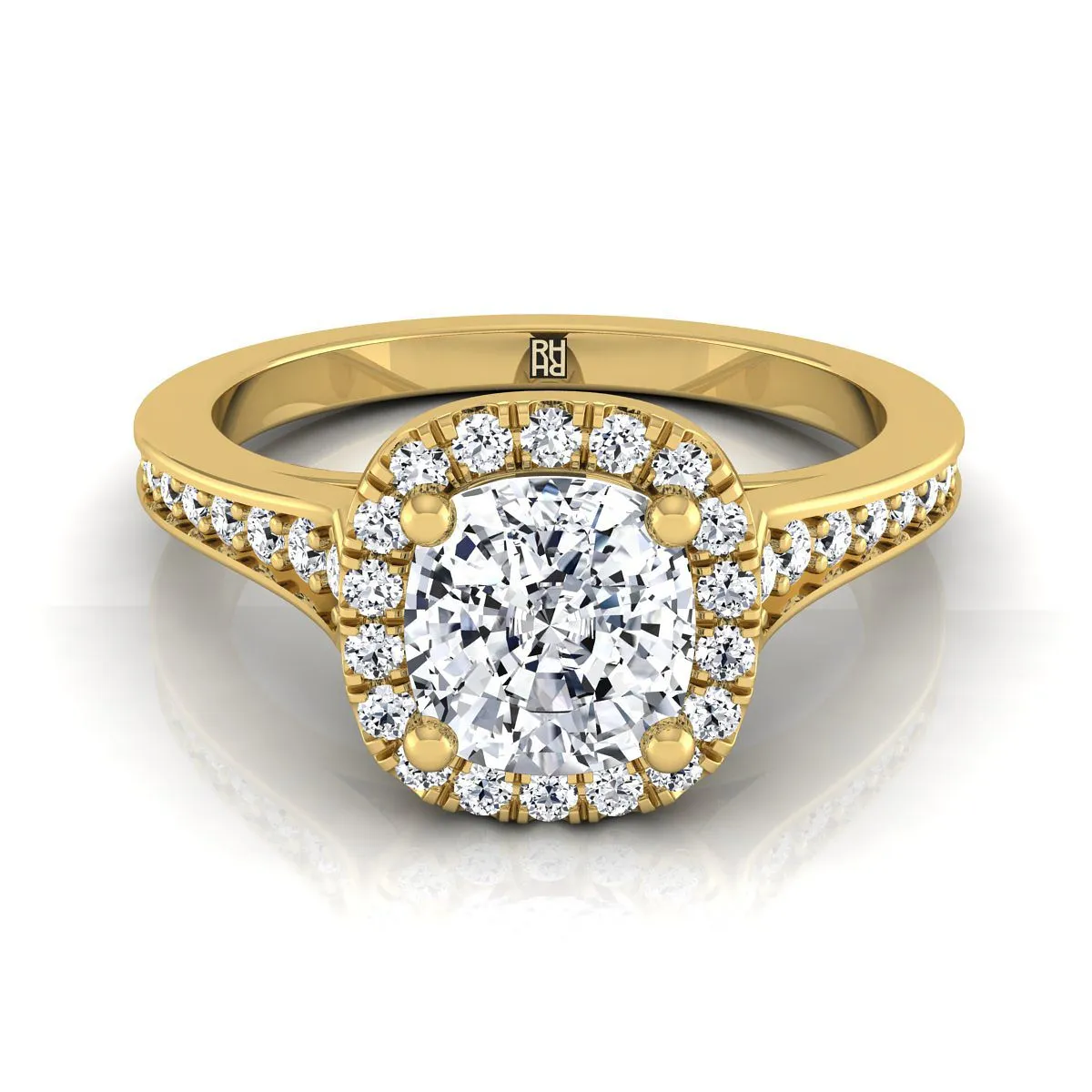 14K Yellow Gold Cushion Diamond Classic Halo with Channel French Pave Engagement RIng  -1/3ctw