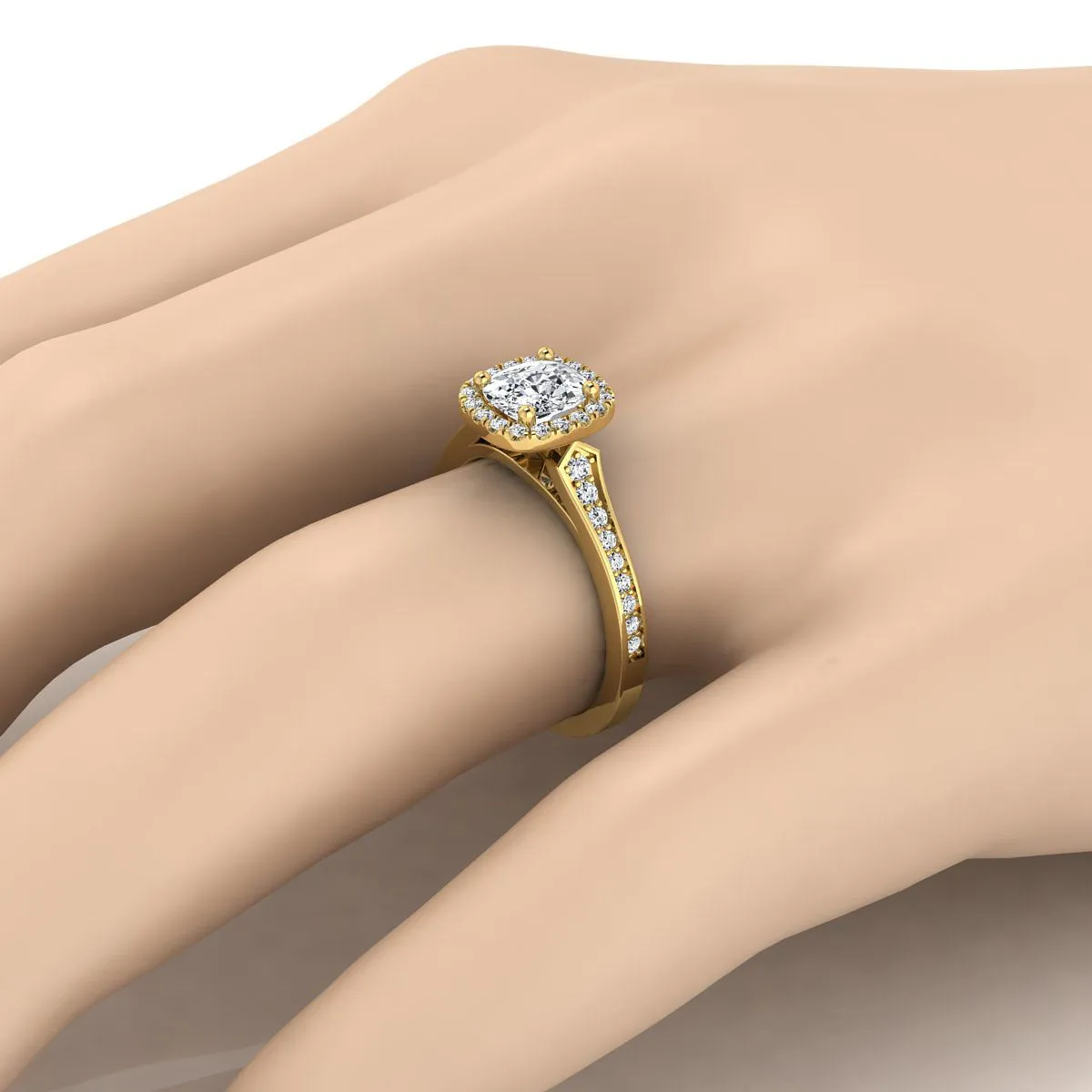 14K Yellow Gold Cushion Diamond Classic Halo with Channel French Pave Engagement RIng  -1/3ctw