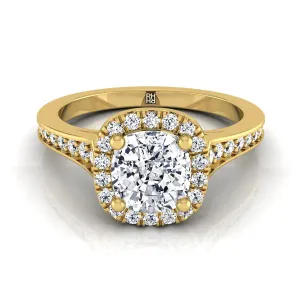 14K Yellow Gold Cushion Diamond Classic Halo with Channel French Pave Engagement RIng  -1/3ctw