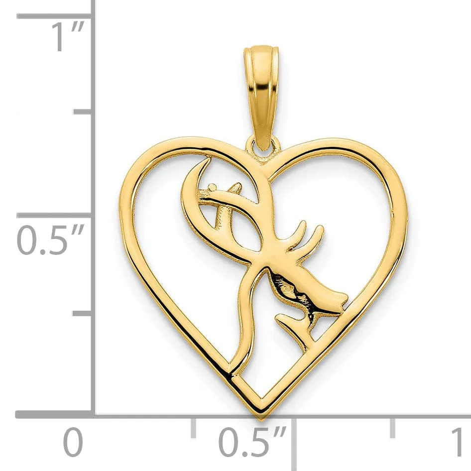 14k Yellow Gold Polished Finish Deer in a Heart Shape Charm Pendant