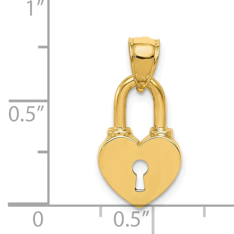 14K Yellow Gold Solid Heart Shape Lock with Key Hole Design Charm