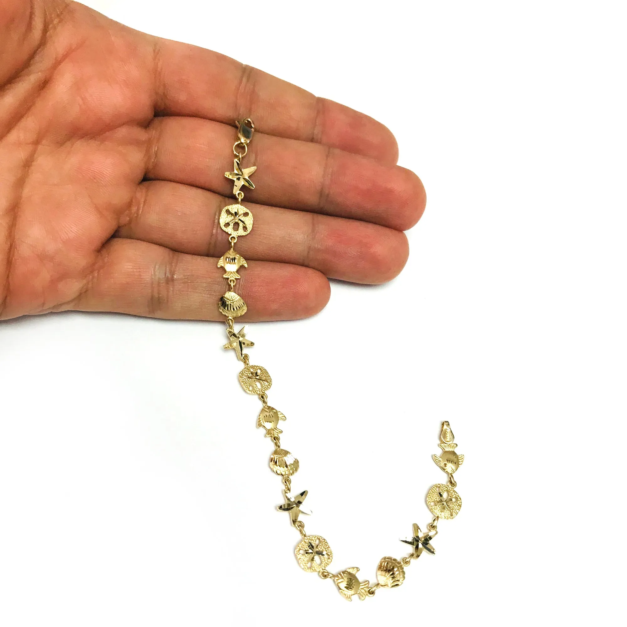 14k Yellow Gold Starfish Sand Dollar And Fish Bracelet, 7"