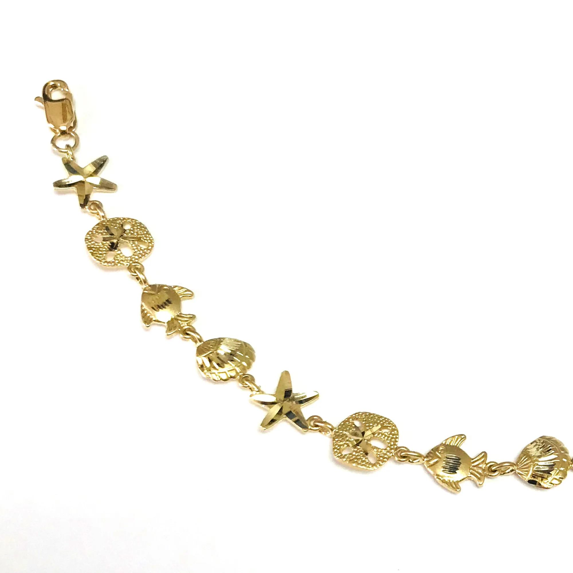 14k Yellow Gold Starfish Sand Dollar And Fish Bracelet, 7"