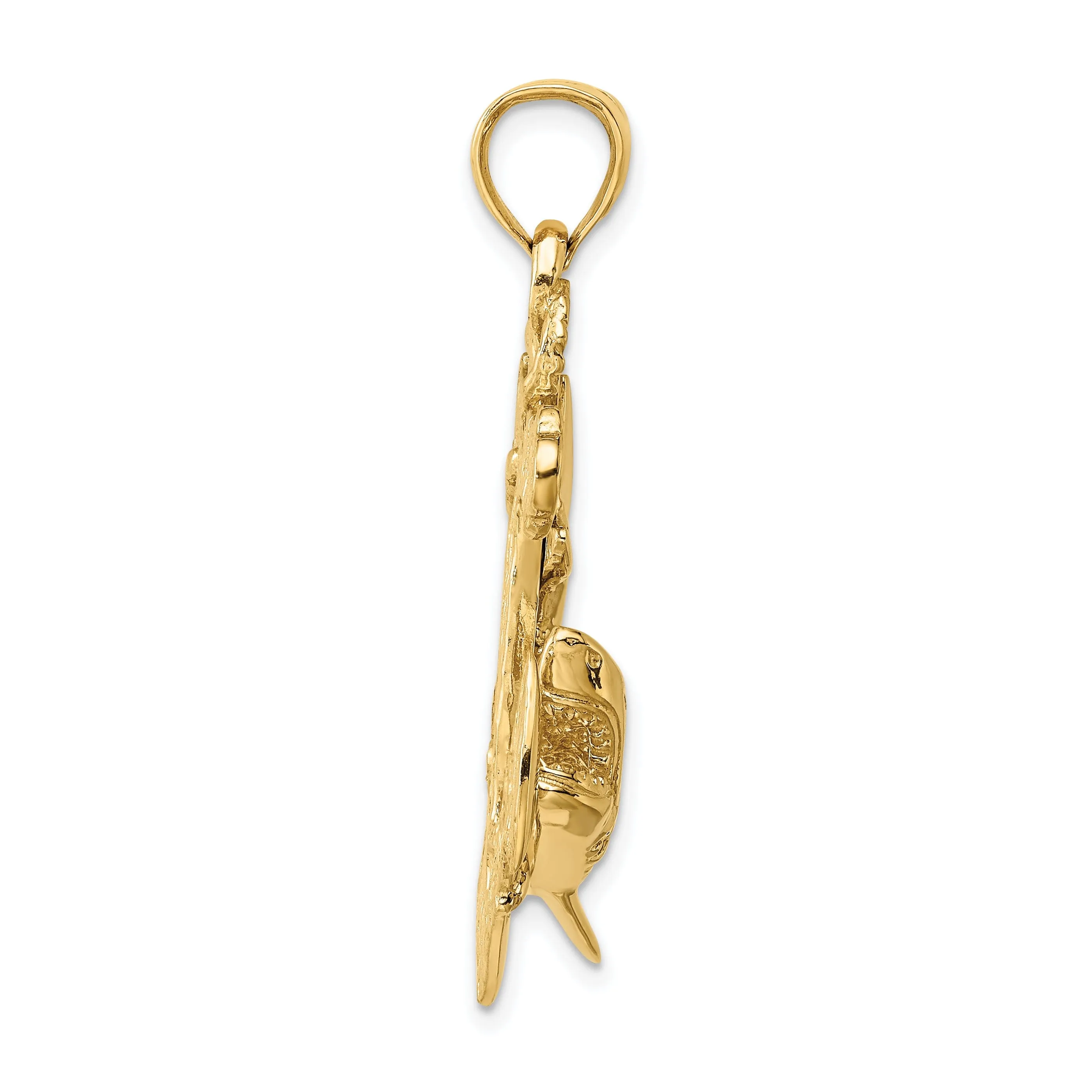 14K Yellow Gold Textured Polished Finish 2-Dimensional Anchor with Shark Design Charm Pendant