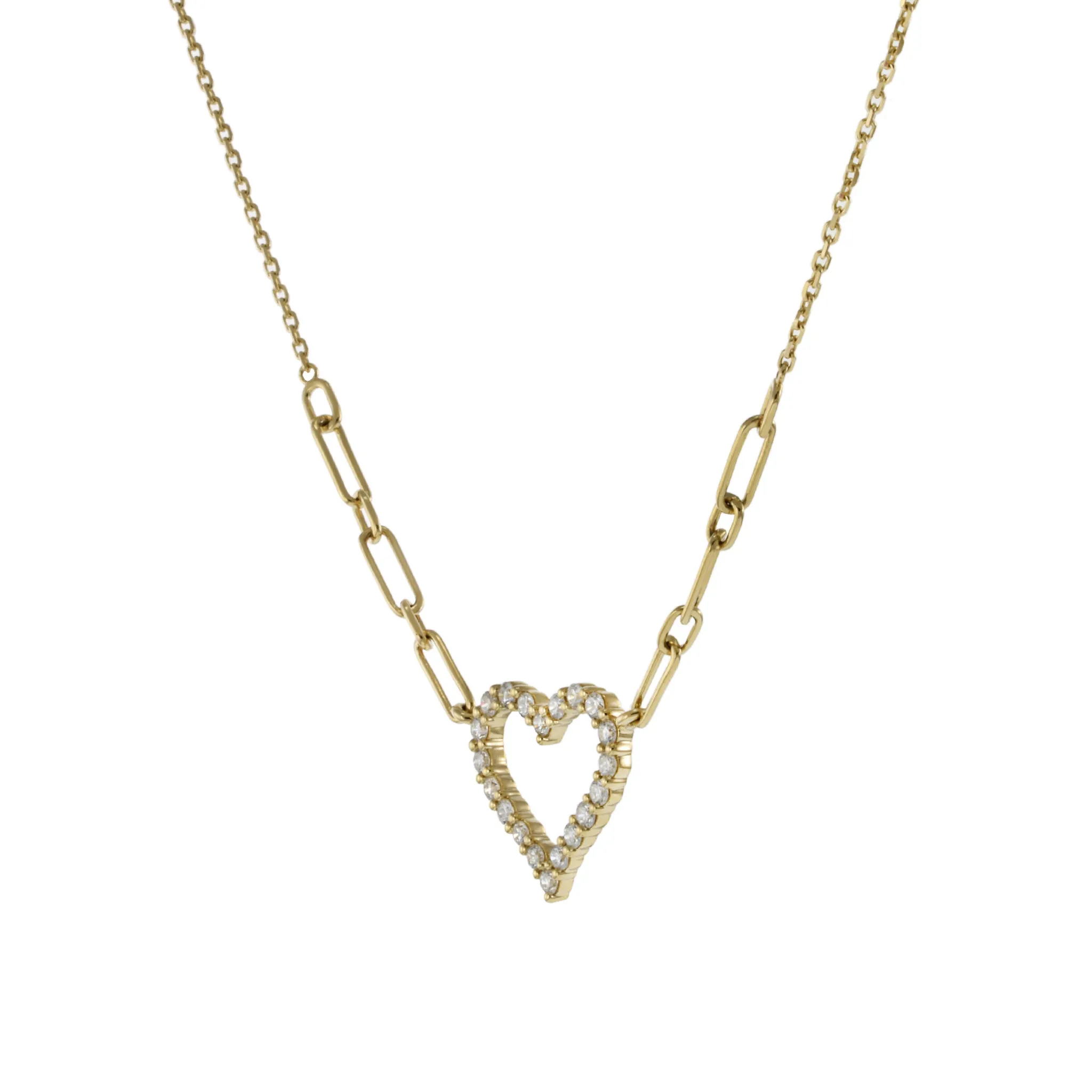 14KT Yellow Gold Open Heart Diamond Necklace on Paperclip Chain