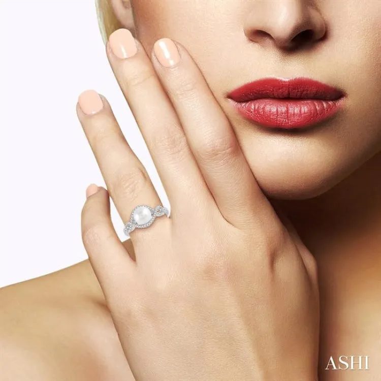 1/5 ctw Twisted Open Lattice 7MM Pearl and Round Cut Diamond Ring in 10K White Gold