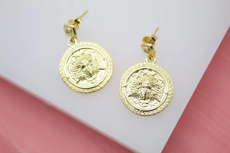 18K Gold Filled Medusa Dangle Charm Stud Earrings (K179)