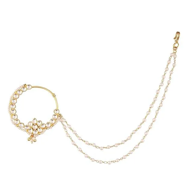 18k Gold-Plated Jadau Pachi Kundan Studded Nose Ring with Support Pearl Chain