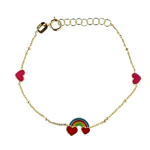 18k Solid Yellow Gold Rainbow and Hearts Enamel Bracelet