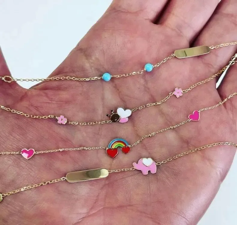 18k Solid Yellow Gold Rainbow and Hearts Enamel Bracelet