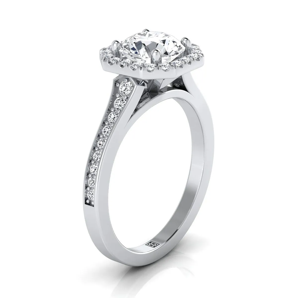 18K White Gold Round Brilliant Diamond Classic Halo with Channel French Pave Engagement RIng  -1/3ctw