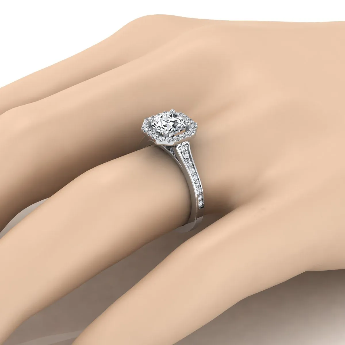 18K White Gold Round Brilliant Diamond Classic Halo with Channel French Pave Engagement RIng  -1/3ctw