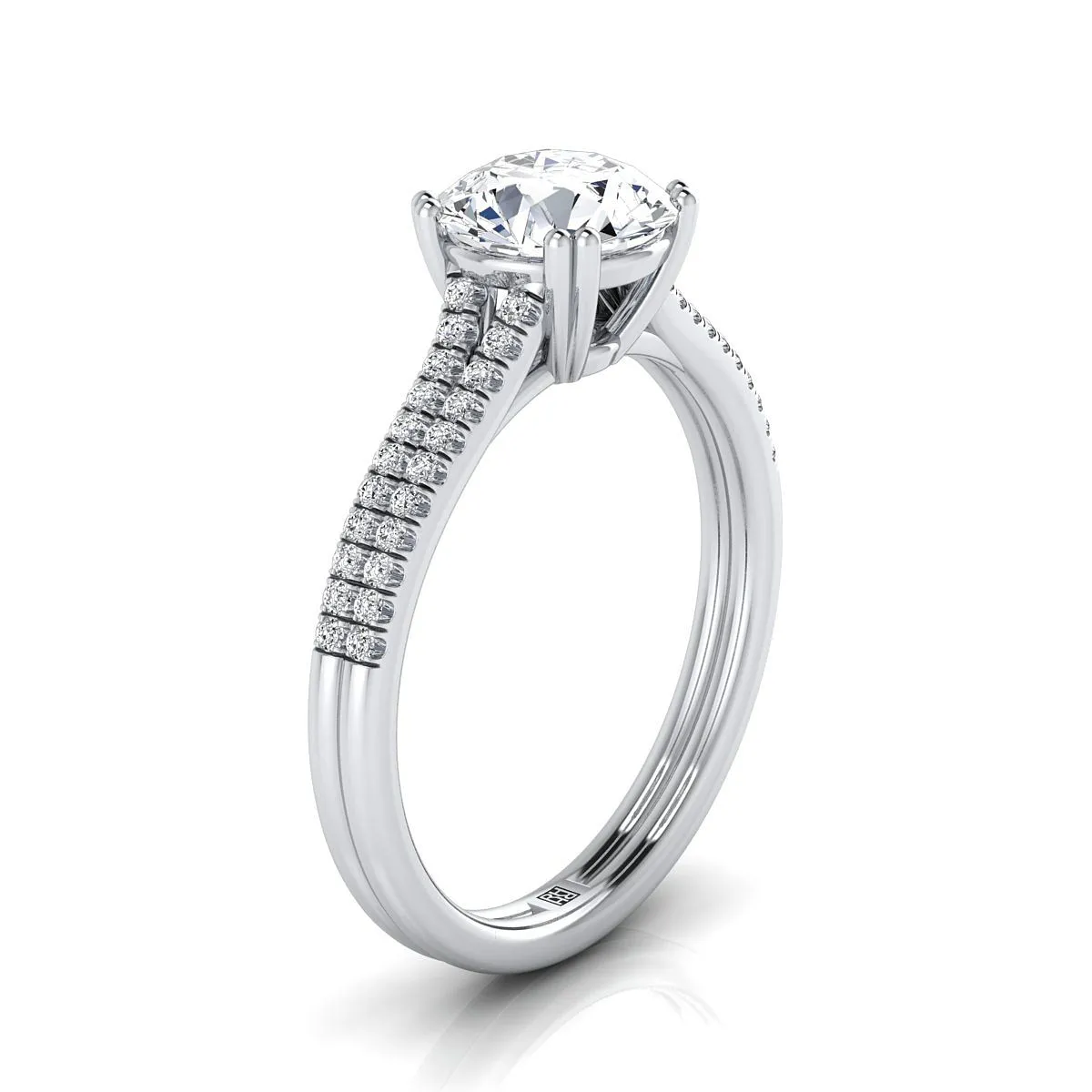 18K White Gold Round Brilliant Ruby Double Row Double Prong French Pave Diamond Engagement Ring -1/6ctw