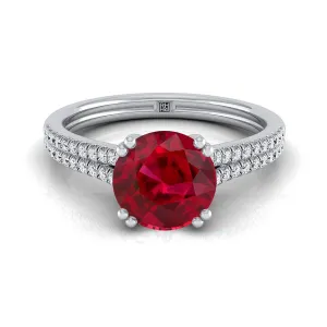 18K White Gold Round Brilliant Ruby Double Row Double Prong French Pave Diamond Engagement Ring -1/6ctw