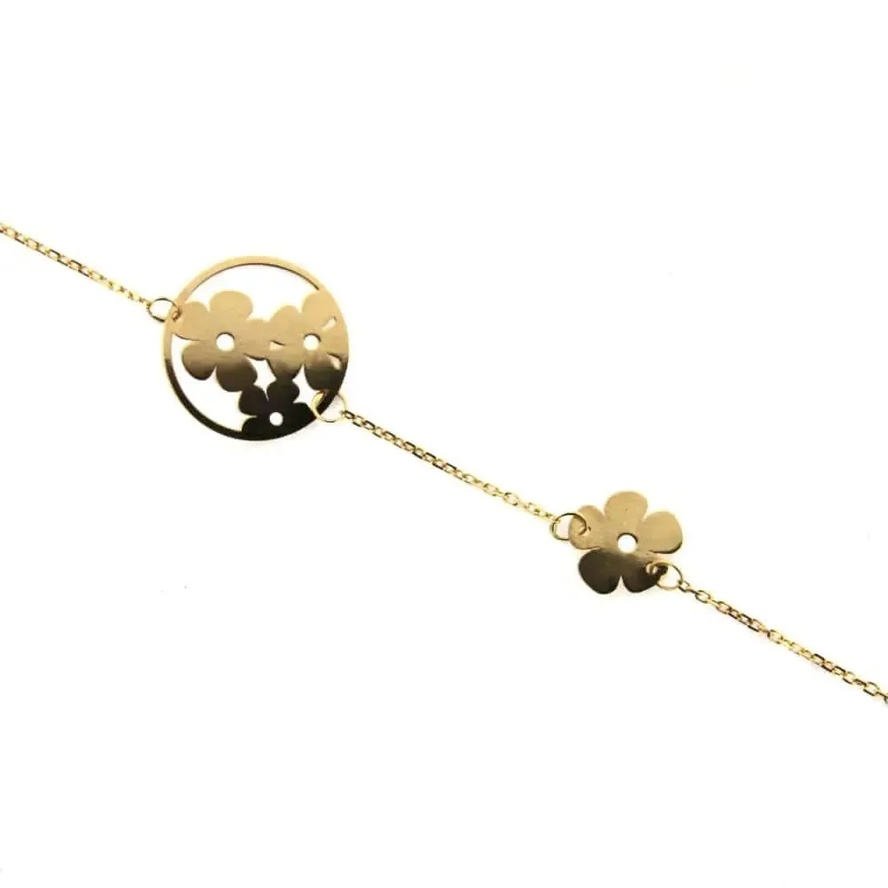 18k Yellow Gold Open Circle with Flowers Bracelet 7 inches