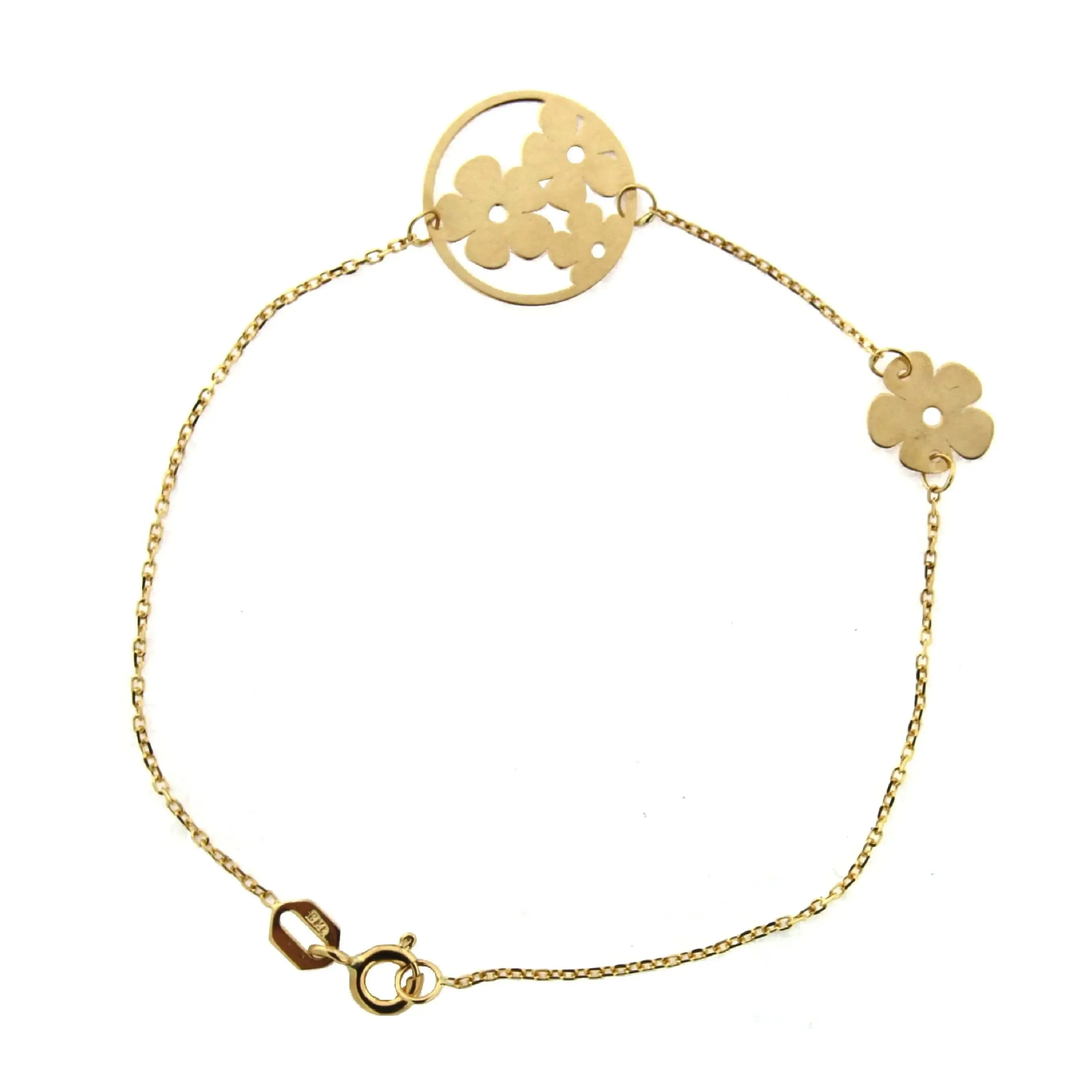 18k Yellow Gold Open Circle with Flowers Bracelet 7 inches