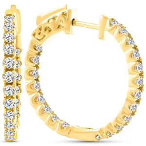 2Ct Diamond Inside Outside 14K Yellow Gold Hoops 10 Grams Lock 1" Tall