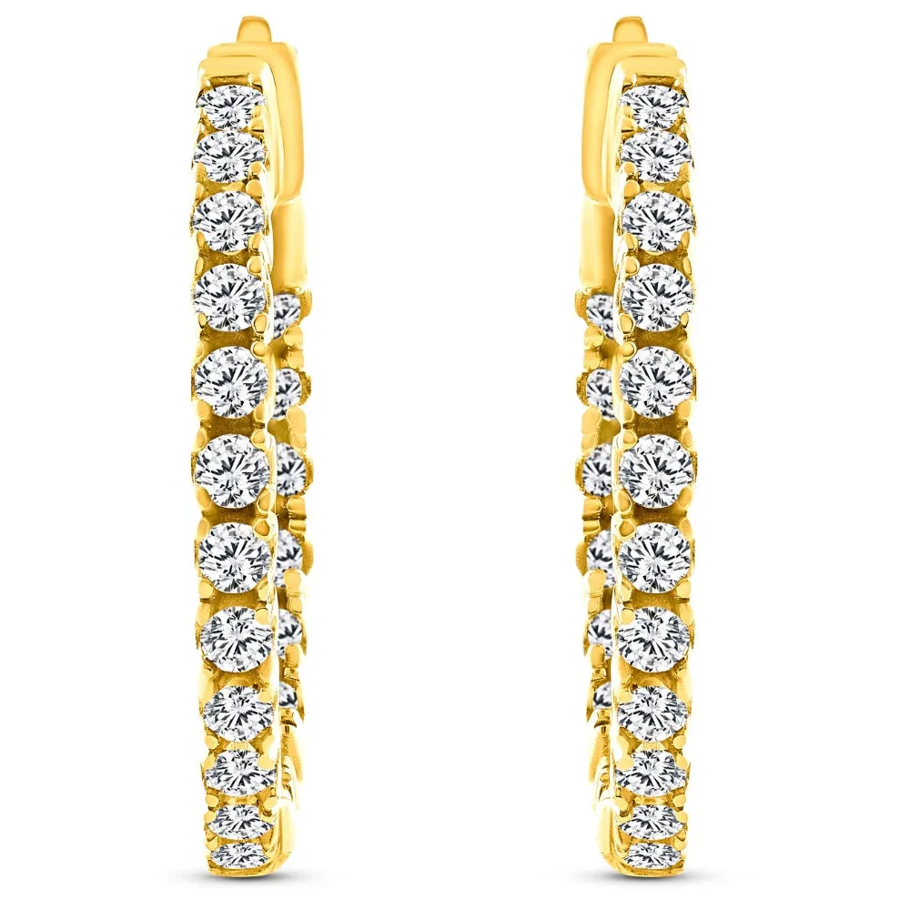 2Ct Diamond Inside Outside 14K Yellow Gold Hoops 10 Grams Lock 1" Tall